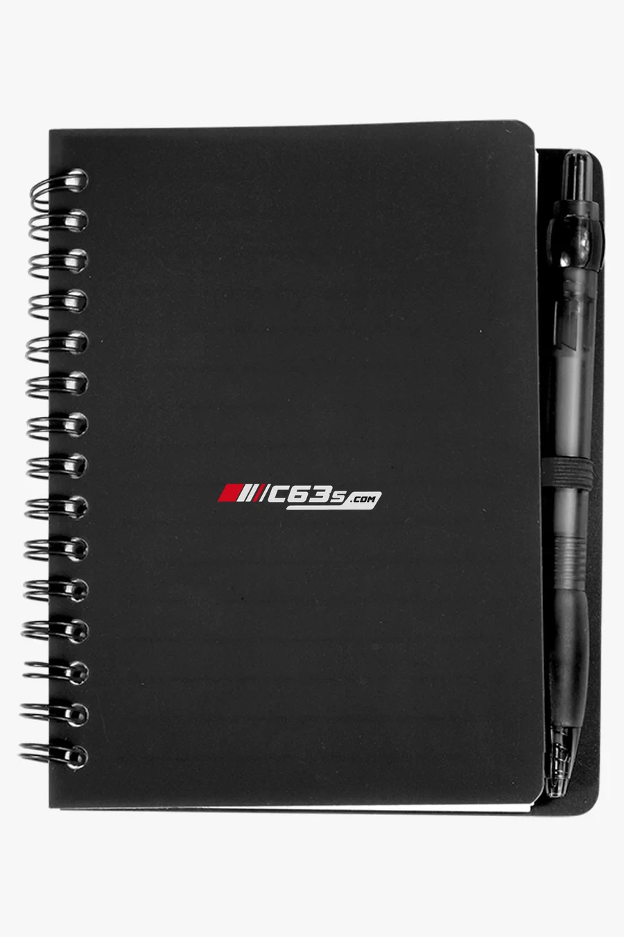 C63s Mini Spiral Notebook with Pen — C63s logo branding preview; custom branding quoted separately