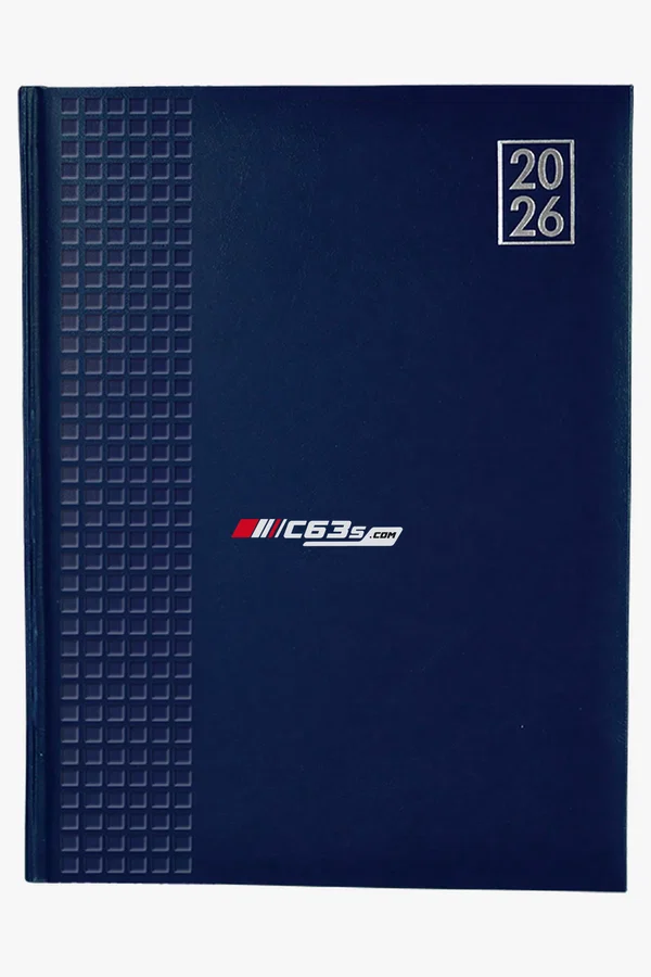 C63s 2026 Embossed Square A4 Diary — C63s logo branding preview; custom branding quoted separately