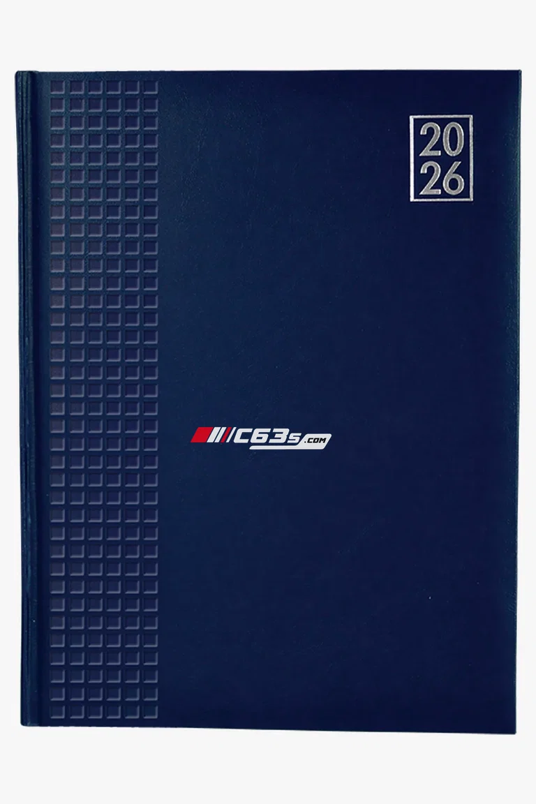 C63s 2026 Embossed Square A4 Diary — C63s logo branding preview; custom branding quoted separately