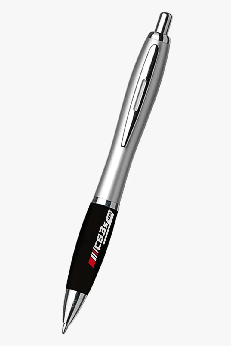 C63s Silver Barrel Curved Design Black Ink Pen — C63s logo branding preview; custom branding quoted separately