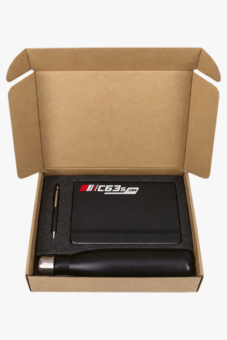 C63s Water Bottle And Note Book Pen Set — C63s logo branding preview; custom branding quoted separately
