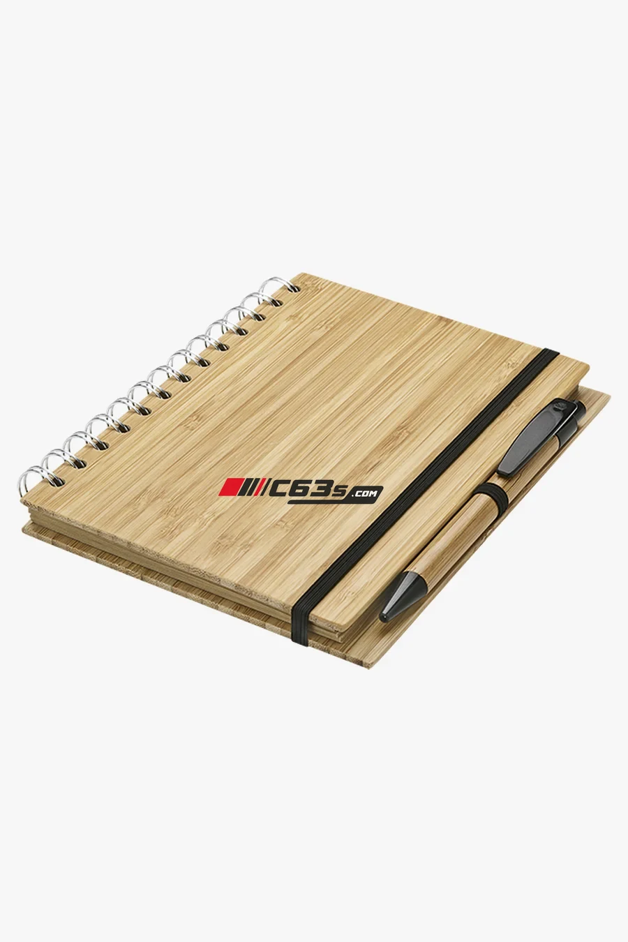 C63s Bamboo Notebook and Pen — C63s logo branding preview; custom branding quoted separately
