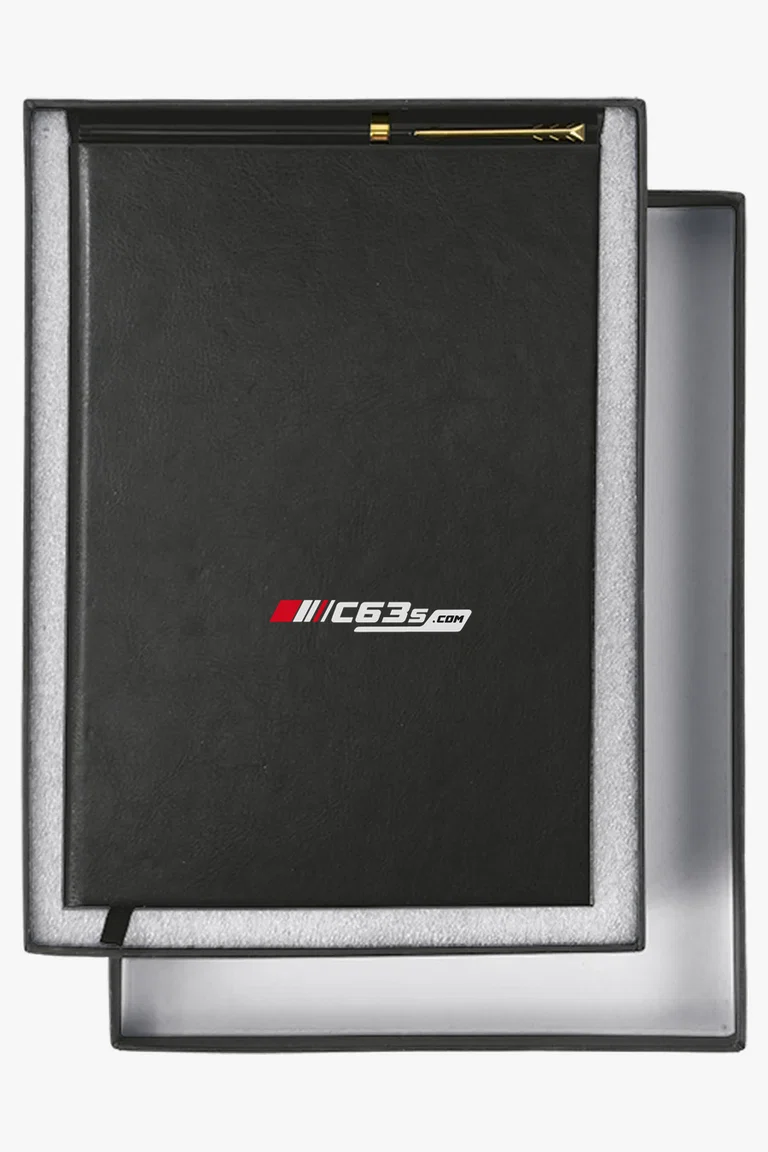 C63s A5 Notebook & Pen Gift Set — C63s logo branding preview; custom branding quoted separately