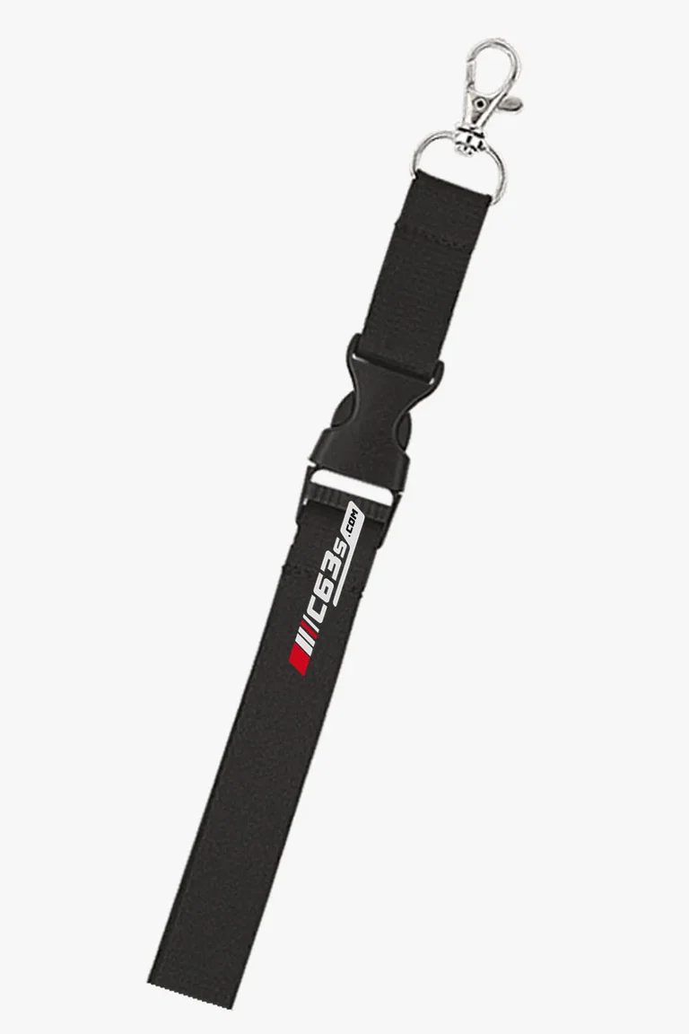C63s Woven Lanyard with Plastic Buckle — C63s logo branding preview; custom branding quoted separately