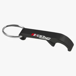 C63s Metal Bottle Opener Keychain — C63s logo branding preview; custom branding quoted separately