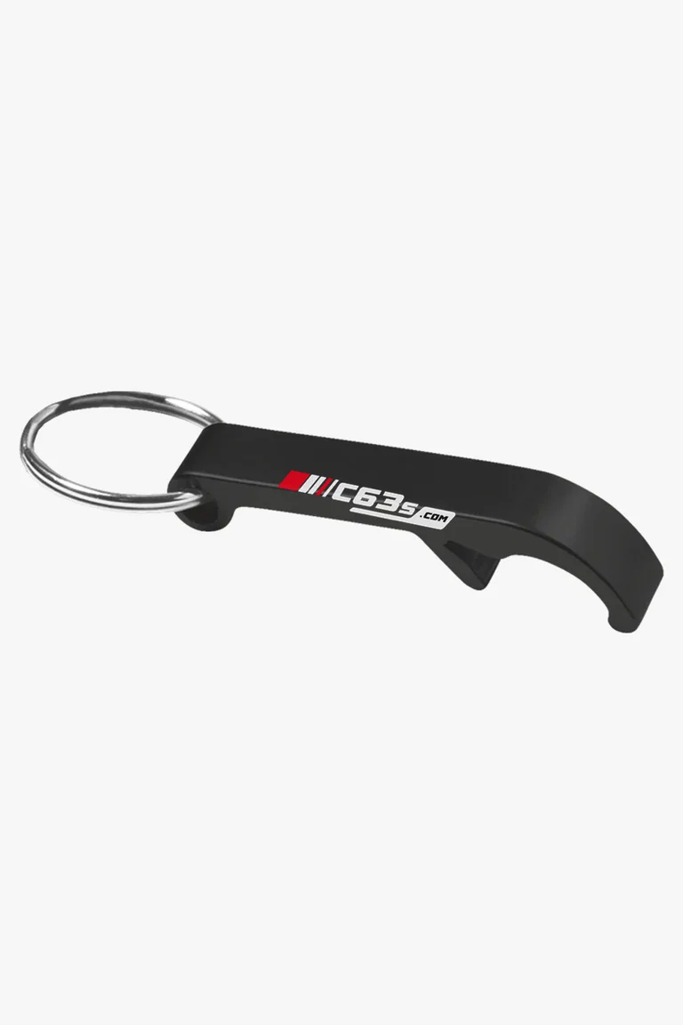 C63s Metal Bottle Opener Keychain — C63s logo branding preview; custom branding quoted separately
