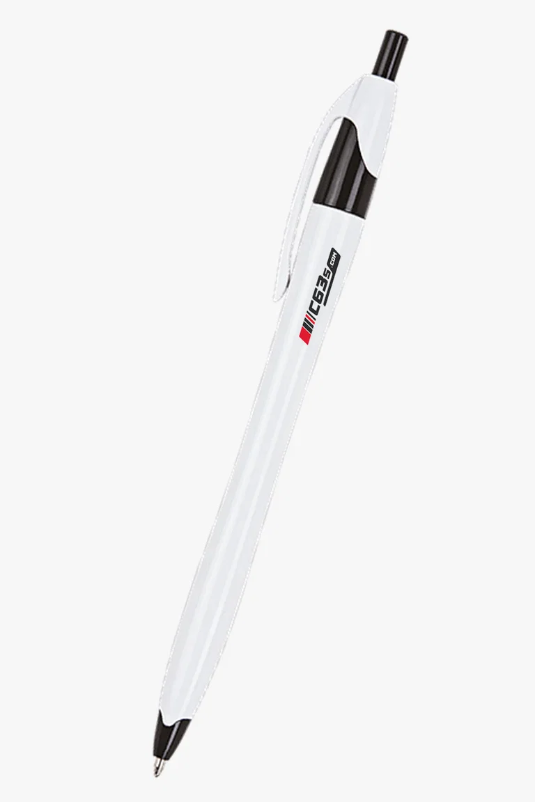 C63s Slim White Barrel Ballpoint Pen — C63s logo branding preview; custom branding quoted separately
