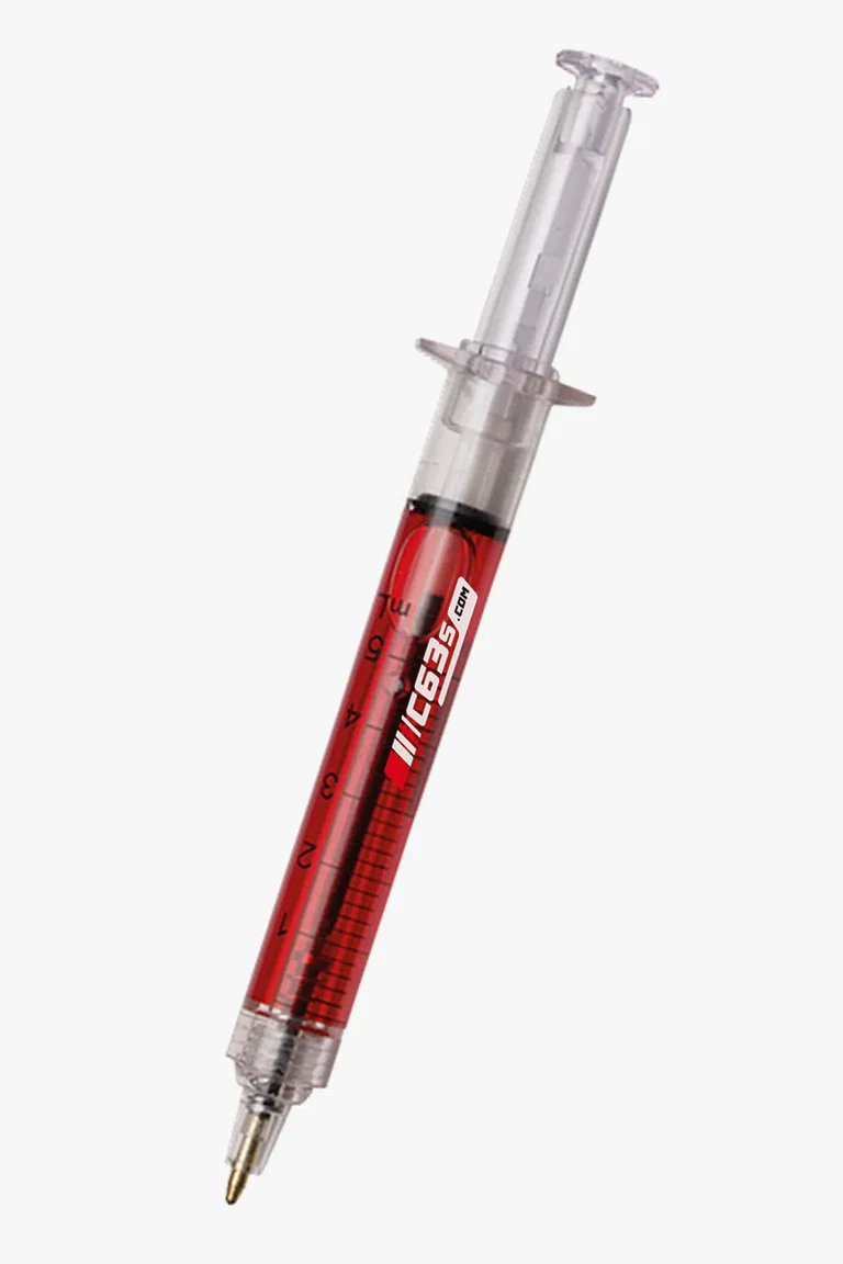 C63s Syringe Design Ballpoint Pen — C63s logo branding preview; custom branding quoted separately