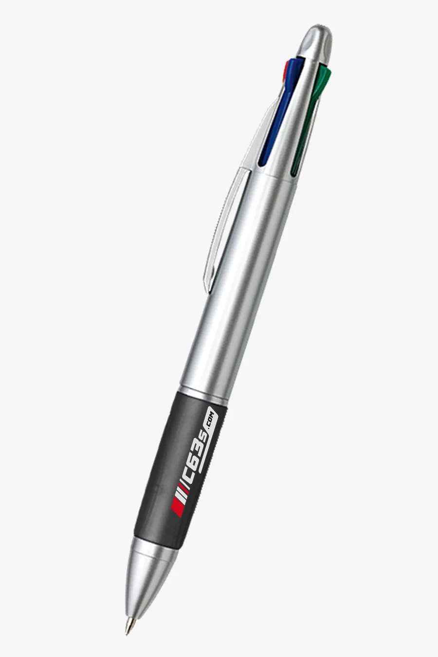 C63s 4 Colour Ballpoint Pen with Rubber Grip — C63s logo branding preview; custom branding quoted separately