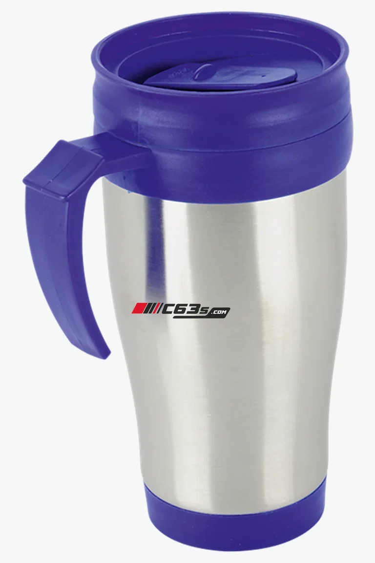 C63s 450ml Travel Mug — C63s logo branding preview; custom branding quoted separately