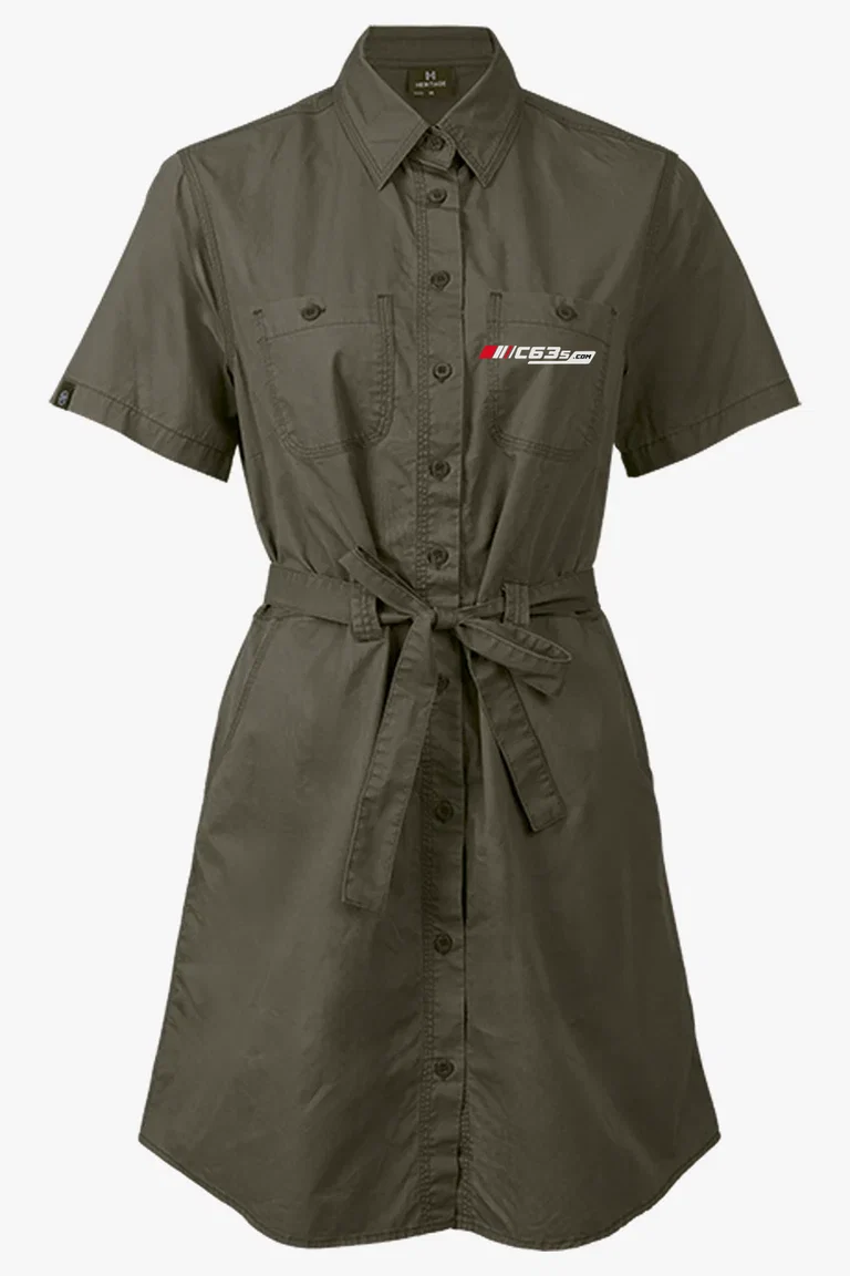 C63s Ladies Heritage Shirt Dress — C63s logo branding preview; custom branding quoted separately