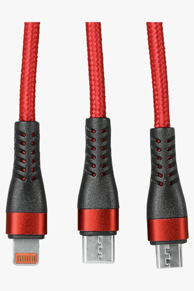 C63s 1.2m 3-In-1 Charger Cable Allum alloy and Braiding — Black/Red
