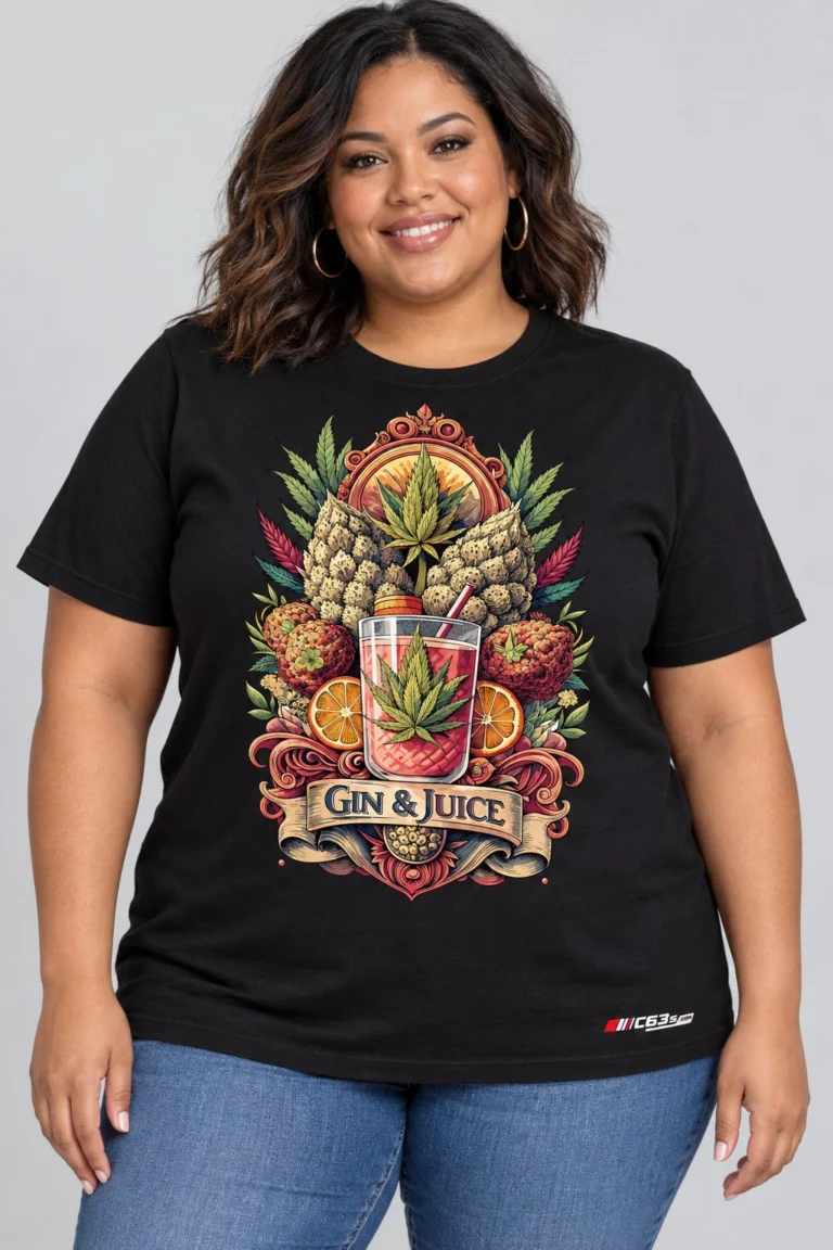 Gin & Juice on a model wearing a black graphic T-shirt with C63s.com hem branding