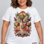 Gin & Juice on a model wearing a white graphic T-shirt with C63s.com hem branding