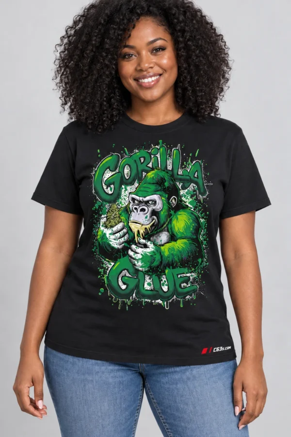 Gorilla Glue Drip on a model wearing a black graphic T-shirt with C63s.com hem branding