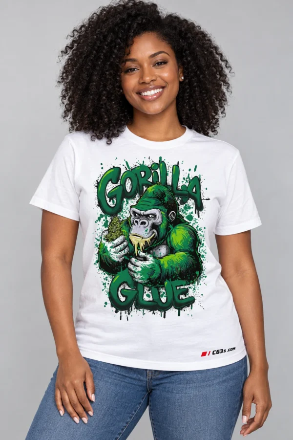Gorilla Glue Drip on a model wearing a white graphic T-shirt with C63s.com hem branding