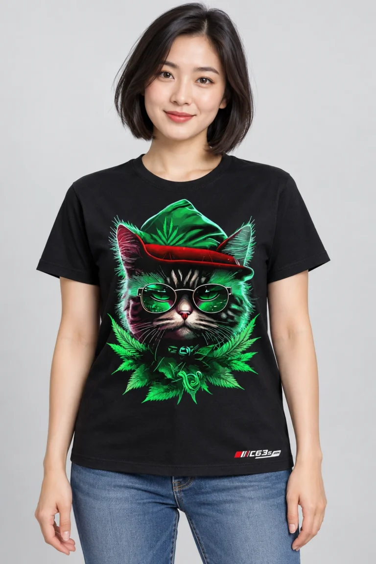 Green Cat on a model wearing a black graphic T-shirt with C63s.com hem branding