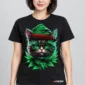 Green Cat on a model wearing a black graphic T-shirt with C63s.com hem branding