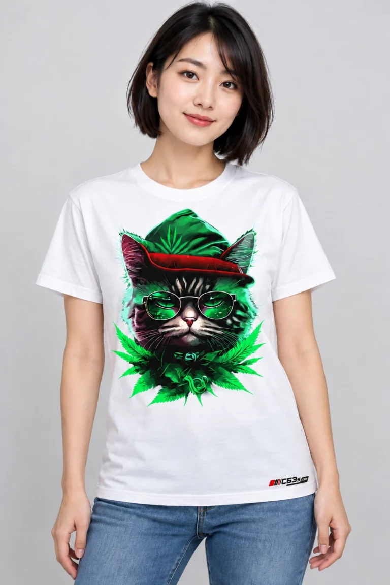 Green Cat on a model wearing a white graphic T-shirt with C63s.com hem branding