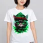 Green Cat on a model wearing a white graphic T-shirt with C63s.com hem branding