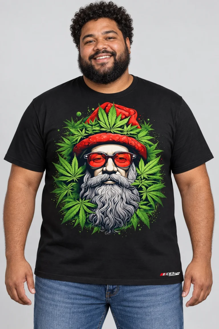 Herbal Beard on a model wearing a black graphic T-shirt with C63s.com hem branding
