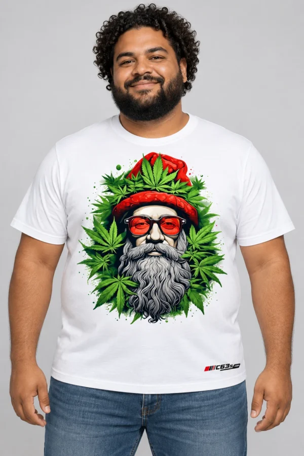 Herbal Beard on a model wearing a white graphic T-shirt with C63s.com hem branding