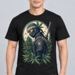 Herbal Ninja on a model wearing a black graphic T-shirt with C63s.com hem branding