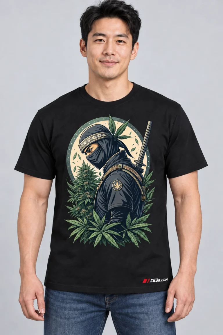 Herbal Ninja on a model wearing a black graphic T-shirt with C63s.com hem branding