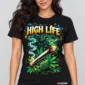 High Life Smoke on a model wearing a black graphic T-shirt with C63s.com hem branding