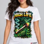High Life Smoke on a model wearing a white graphic T-shirt with C63s.com hem branding