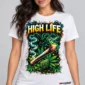 High Life Smoke on a model wearing a white graphic T-shirt with C63s.com hem branding