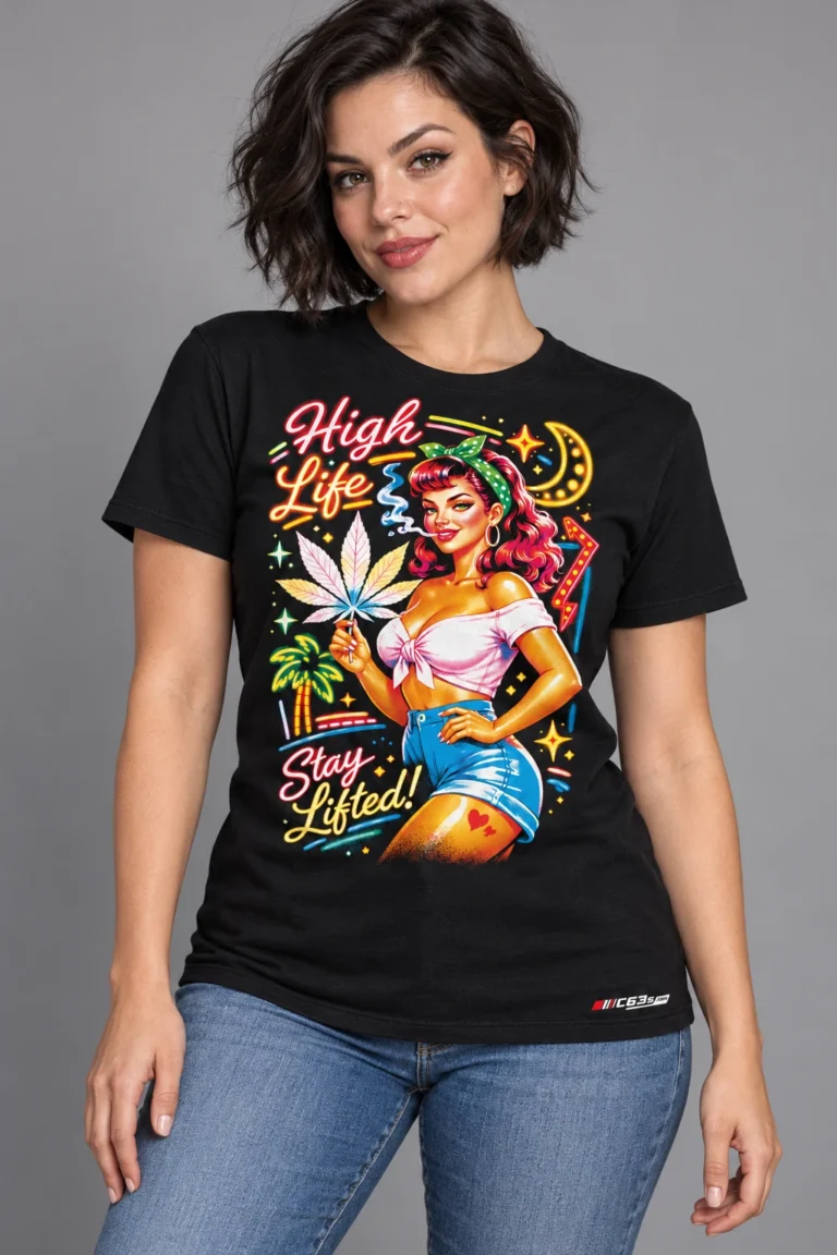 High Life – Stay Lifted on a model wearing a black graphic T-shirt with C63s.com hem branding