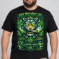High Tech Tiger on a model wearing a black graphic T-shirt with C63s.com hem branding