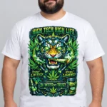 High Tech Tiger on a model wearing a white graphic T-shirt with C63s.com hem branding