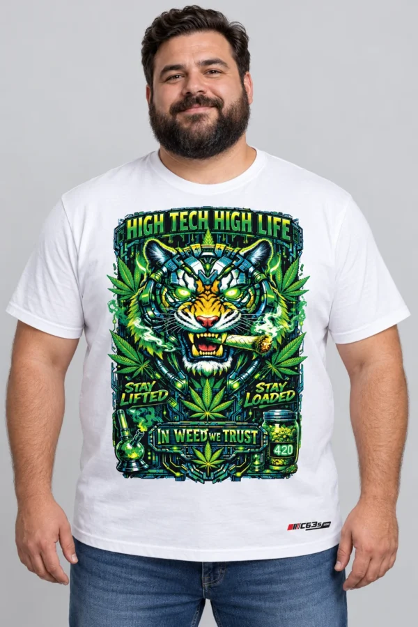 High Tech Tiger on a model wearing a white graphic T-shirt with C63s.com hem branding