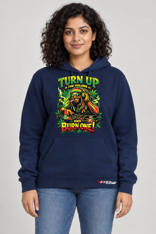 c63-hoodie-chest-turn-up-v2 Turn Up and Burn One Pullover Hoodie — graphic centred on chest above pocket