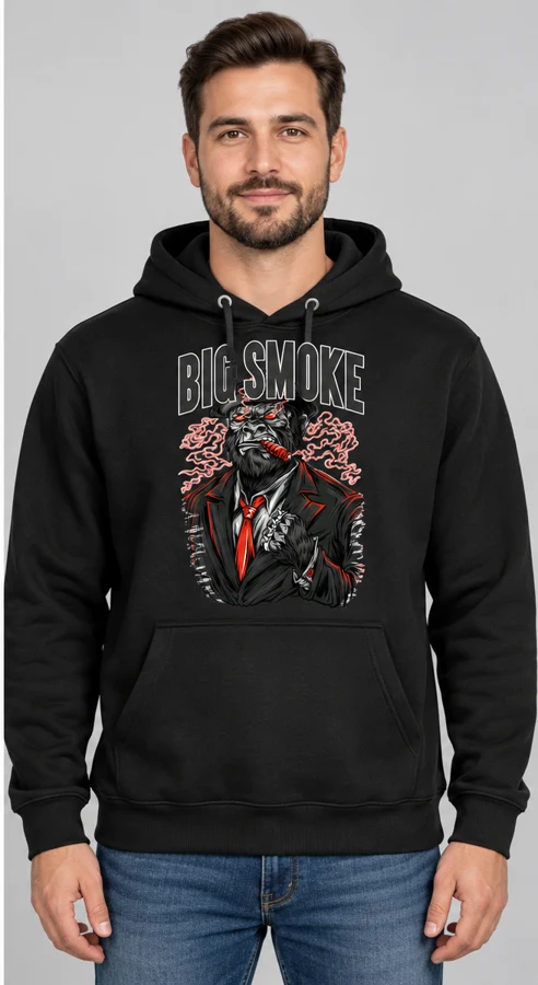 Big Smoke Hoodie on a black hoodie — model front view