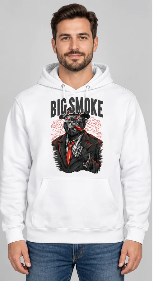 Big Smoke Hoodie on a white hoodie — model front view