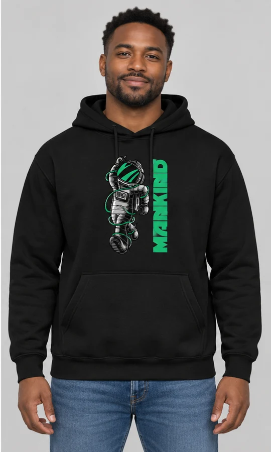 Mankind Hoodie on a black hoodie — model front view