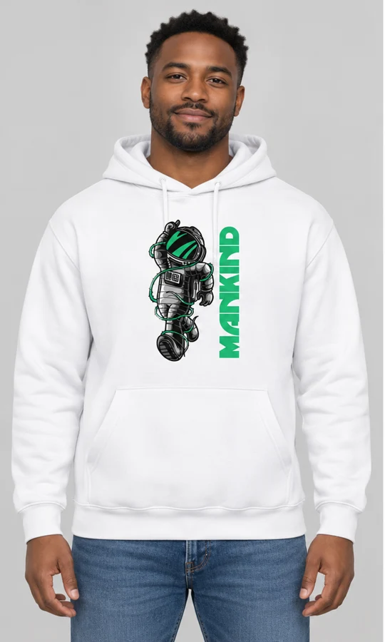 Mankind Hoodie on a white hoodie — model front view