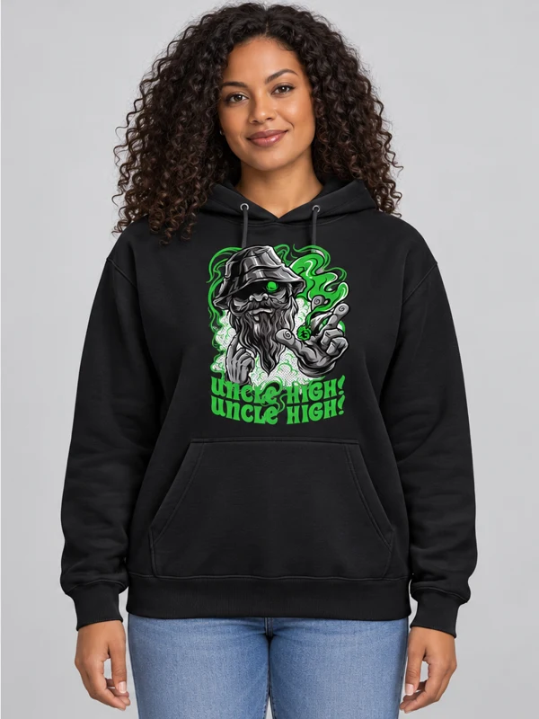 Uncle High Hoodie on a black hoodie — model front view