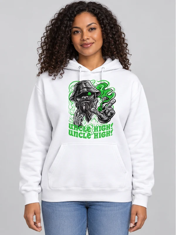 Uncle High Hoodie on a white hoodie — model front view