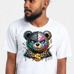 Hustle Bear graphic on a white tee with raised chest placement