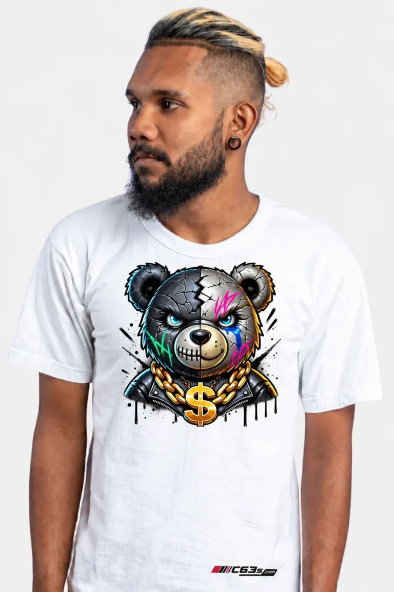 Hustle Bear graphic on a white tee with raised chest placement