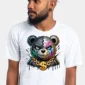 Hustle Bear graphic on a white tee with raised chest placement