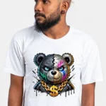Hustle Bear on a white tee with balanced chest print placement and C63s.com branding