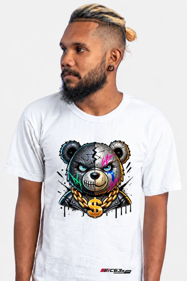 Hustle Bear on a white tee with balanced chest print placement and C63s.com branding