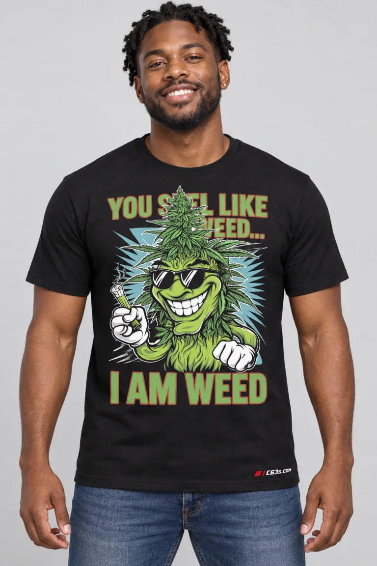 I Am Weed on a model wearing a black graphic T-shirt with C63s.com hem branding