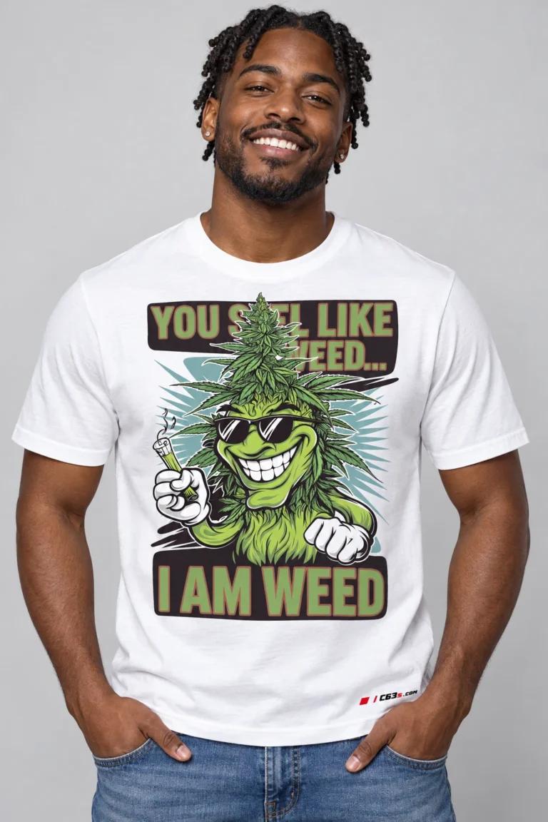 I Am Weed on a model wearing a white graphic T-shirt with C63s.com hem branding