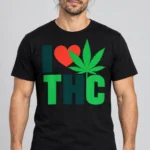 I Love THC on a model wearing a black graphic T-shirt with C63s.com hem branding